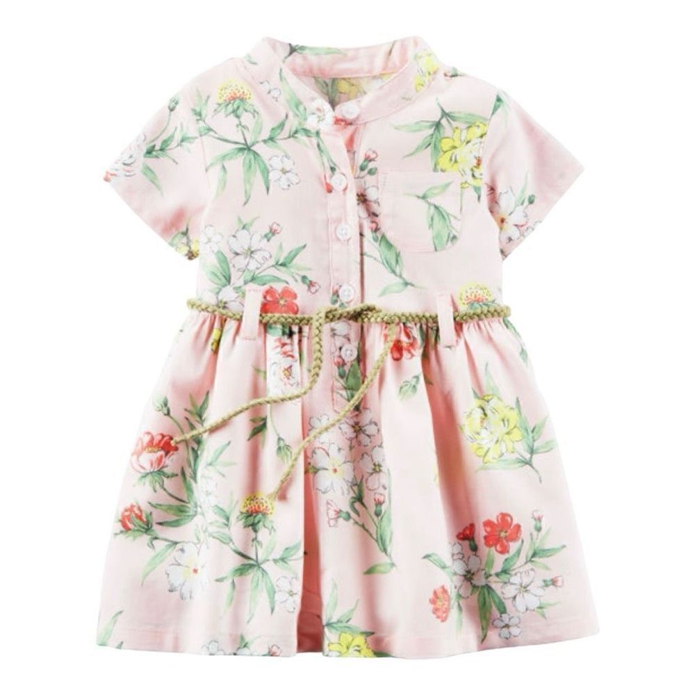 Baby Girls Carters Pink Spring Floral Tie Waist Dress - Sz 9 mo